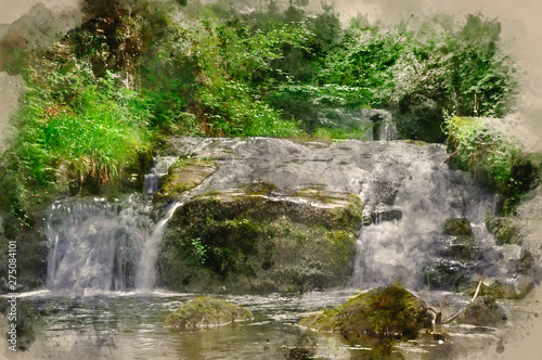 Digital watercolor painting of Stunning waterfall flowing over rocks through lush green forest with long exposure