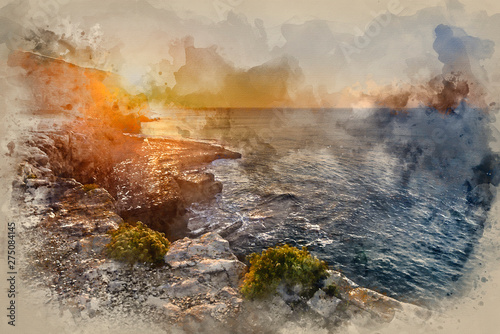 Digital watercolor painting of Stunning coastal landscape with long exposure waves crashing at sunrise
