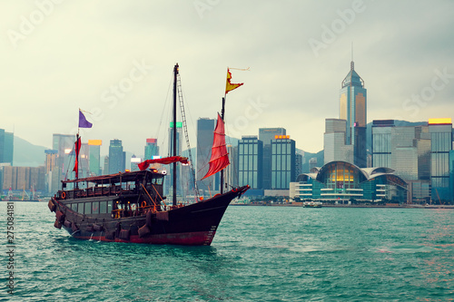 Traditional Chinese wooden sailing ship in Hong Kong