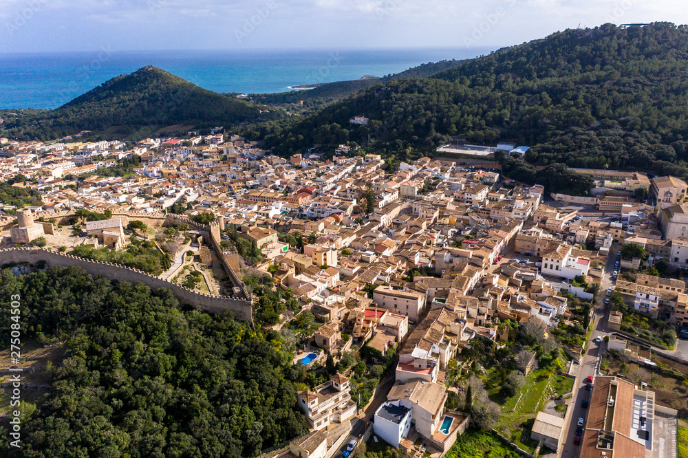 Aerial view, Castell de Capdepera, in the village of Capdepera, Mallorca, Balearic Islands, Spain