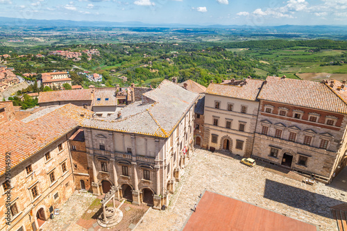 Montepulciano, a medieval and renaissance hill town in the Italian province of Siena in southern Tuscany, Italy. View from above to the town and its surroundings.