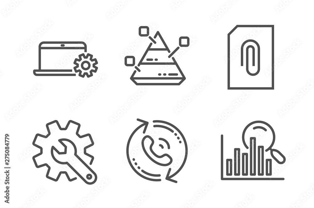 Pyramid chart, Attachment and Notebook service icons simple set. Customisation, Call center and Search signs. Report analysis, Attach document. Technology set. Line pyramid chart icon. Editable stroke Pyramid chart, Attachment and Notebook service icons simple set. Customisation, Call center and Search signs. Report analysis, Attach document. Technology set. Line pyramid chart icon. Editable stroke
