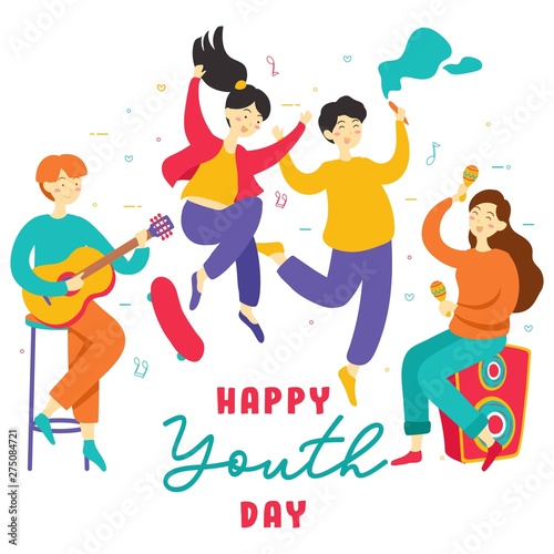 Happy International Youth Day. Teen people group of diverse young girls and boys together holding hands, play music, skate board, party, friendship. Vector - Illustration