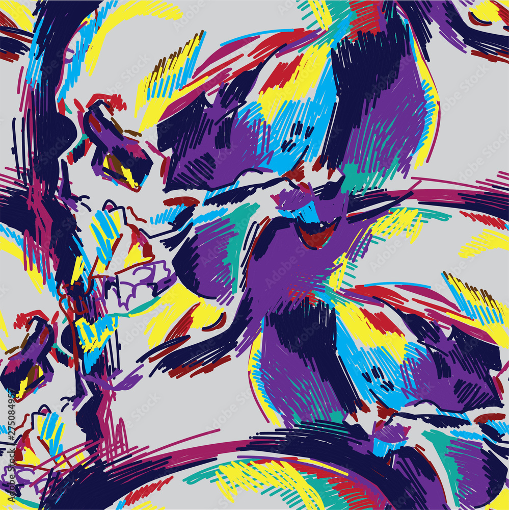 Fototapeta premium Seamless pattern Human skull, colorful drawing, sketch. Skull, death, magic.