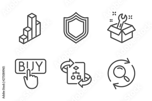 3d chart, Buying and Security icons simple set. Spanner, Technical algorithm and Search signs. Presentation column, E-commerce shopping. Technology set. Line 3d chart icon. Editable stroke. Vector