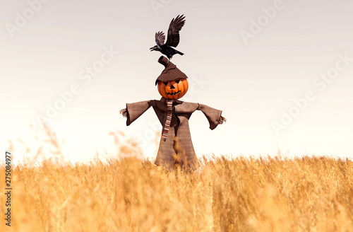 Canvas Print Scarecrow pumpkin in field,3d rendering