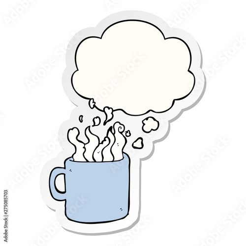 cartoon hot cup of coffee and thought bubble as a printed sticker