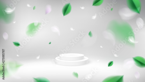 Nature abstract studio background with flying spring leaves and product show podium vector design
