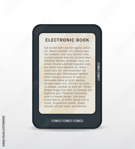 Ebook opened on tablet screen isolated on white background. E-book reading using reader, mobile app. Design element for e-learning, online education, web banner or promotion.