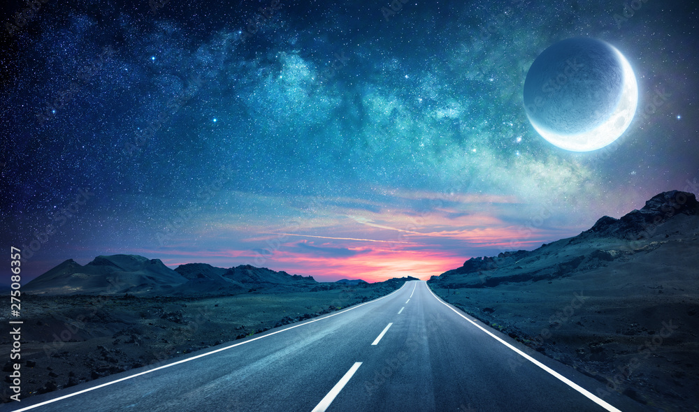 Road In Night - With Half Moon And Milky Way - obrazy, fototapety, plakaty 