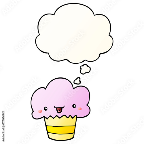 cartoon cupcake with face and thought bubble in smooth gradient style