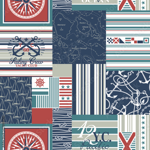 Nautical and sailing elements patchwork vector seamless pattern wallpaper