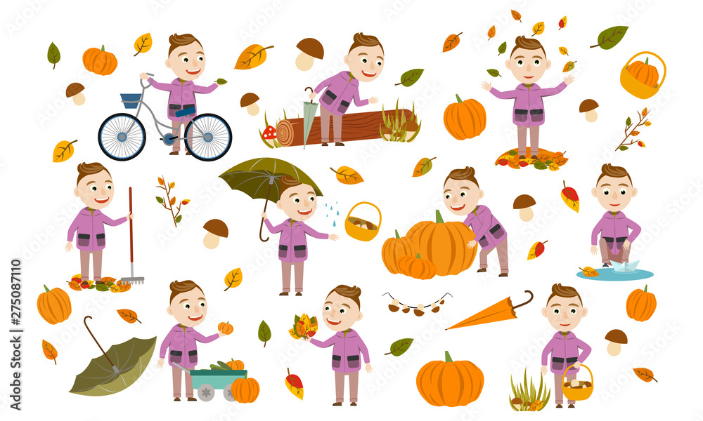 Set boy with fashionable hairstyle in an autumn jacket plays with leaves, launches a paper boat, rides a bicycle, carries pumpkins and has fun in the fall. Cute Vector Illustration