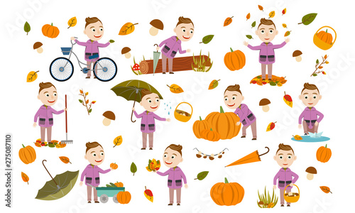 Set boy with fashionable hairstyle in an autumn jacket plays with leaves, launches a paper boat, rides a bicycle, carries pumpkins and has fun in the fall. Cute Vector Illustration