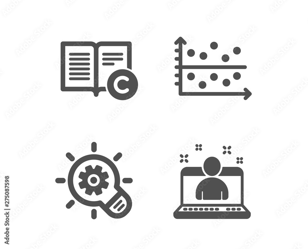Set of Cogwheel, Dot plot and Copyright icons. Best manager sign. Idea bulb, Presentation graph, Copywriting book. Best developer. Classic design cogwheel icon. Flat design. Vector Set of Cogwheel, Dot plot and Copyright icons. Best manager sign. Idea bulb, Presentation graph, Copywriting book. Best developer. Classic design cogwheel icon. Flat design. Vector