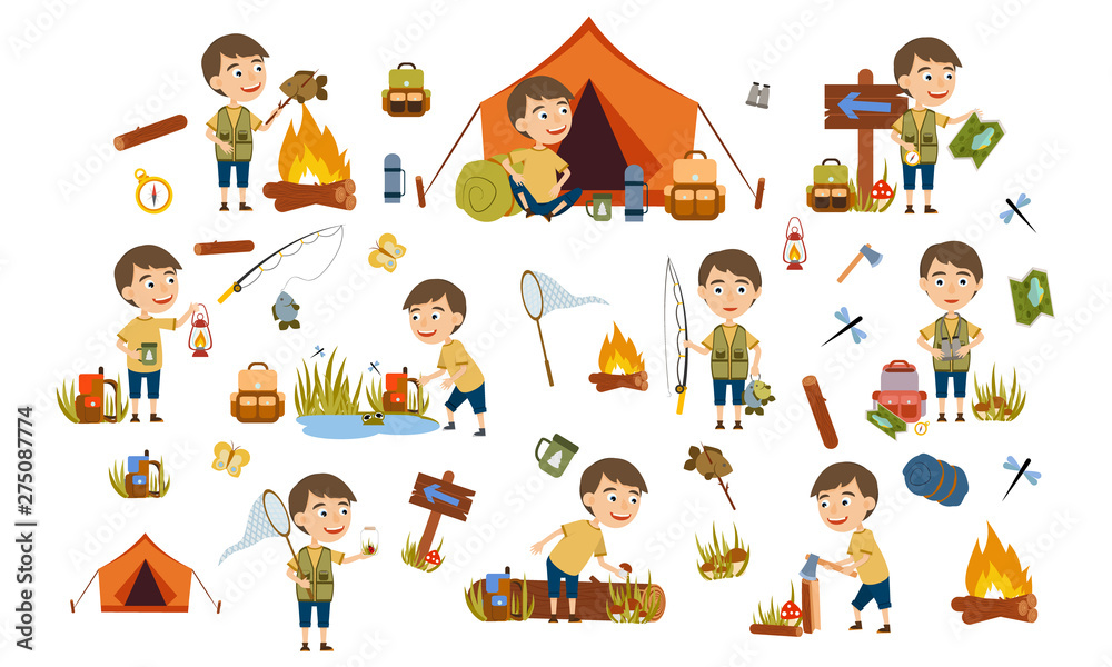 Set brown-haired boy tourist on nature. Camping. Fishing, overnight in a tent, picking mushrooms, fun and relaxation. Children's camp. Scouts. Cute Vector Illustration Set brown-haired boy tourist on nature. Camping. Fishing, overnight in a tent, picking mushrooms, fun and relaxation. Children's camp. Scouts. Cute Vector Illustration