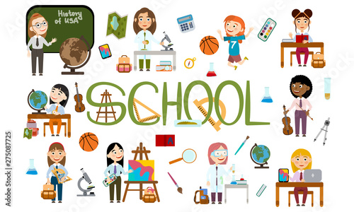A set of girls at school. Student in different lessons  science  history  sports  art  maths  English  information technology  music. Conducting experiments. Cute Vector Illustration
