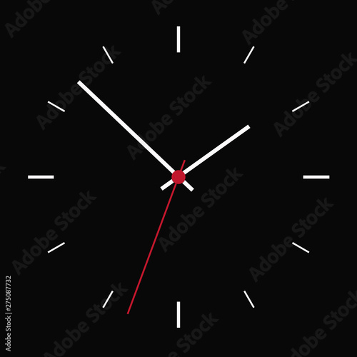 Simple illustration of black clock face without numbers with hour and minute hand, isolated on dark background, vector