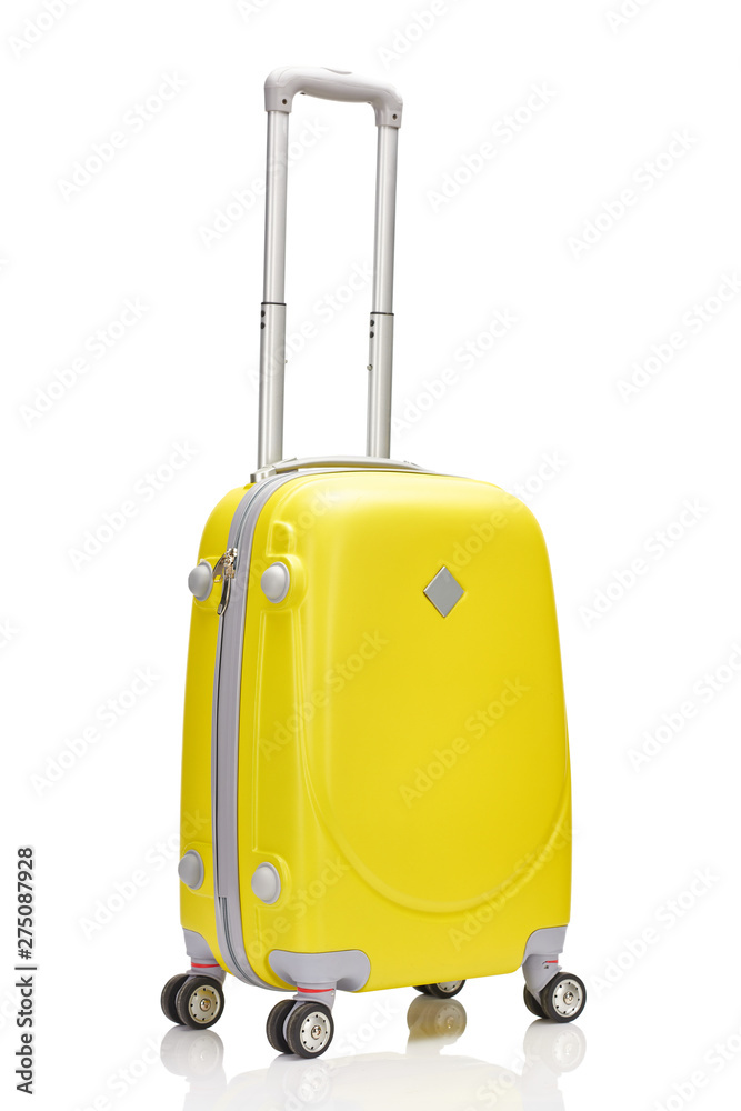 yellow wheeled colorful suitcase with handle isolated on white yellow wheeled colorful suitcase with handle isolated on white