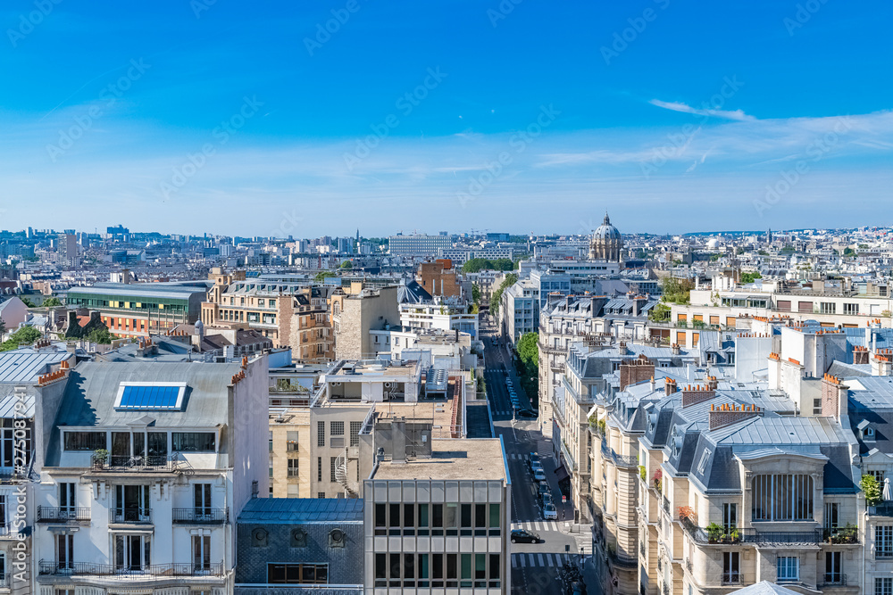 Paris, cityscape, typical roofs, aerial view from the Pantheon, with the Sorbonne chapel in background 