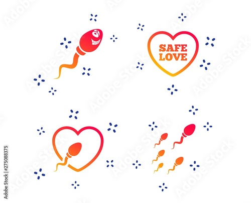 Sperm icons. Fertilization or insemination signs. Safe love heart symbol. Random dynamic shapes. Gradient sperm icon. Vector