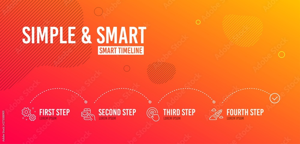 Infographic timeline. Click, Messenger mail and Work icons simple set. Startup rocket sign. Cursor pointer, New e-mail, Settings. Business innovation. Technology set. 4 steps layout. Vector Infographic timeline. Click, Messenger mail and Work icons simple set. Startup rocket sign. Cursor pointer, New e-mail, Settings. Business innovation. Technology set. 4 steps layout. Vector