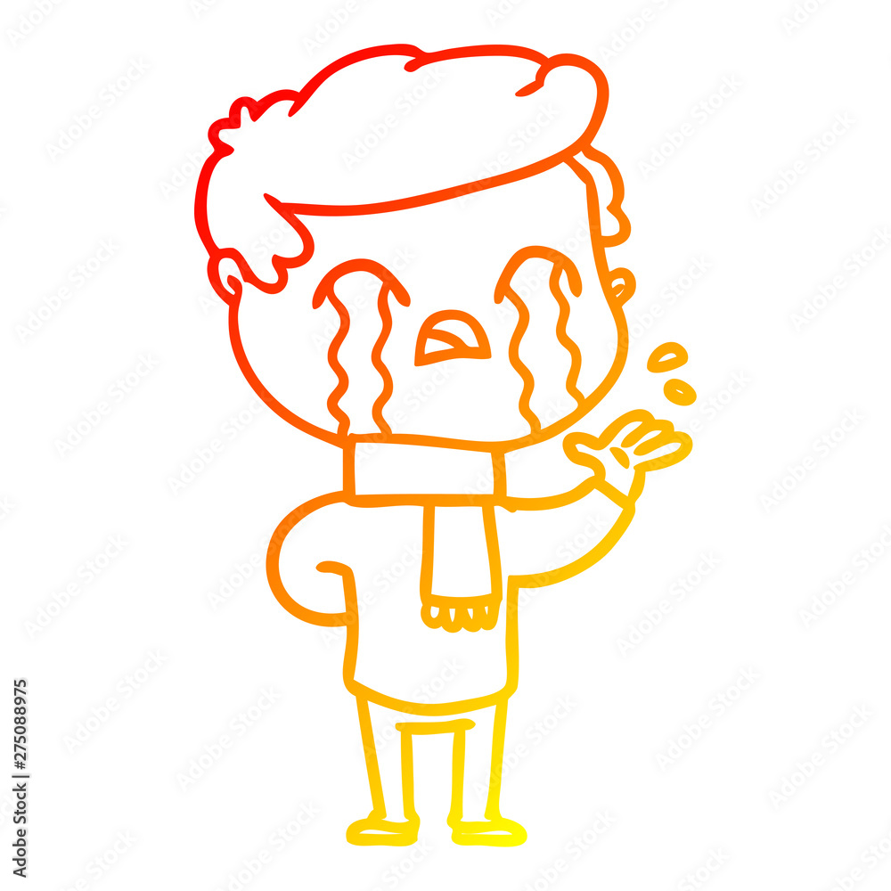 warm gradient line drawing cartoon man crying wearing winter scarf warm gradient line drawing cartoon man crying wearing winter scarf