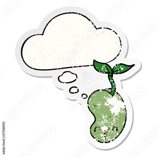 cute cartoon seed sprouting and thought bubble as a distressed worn sticker