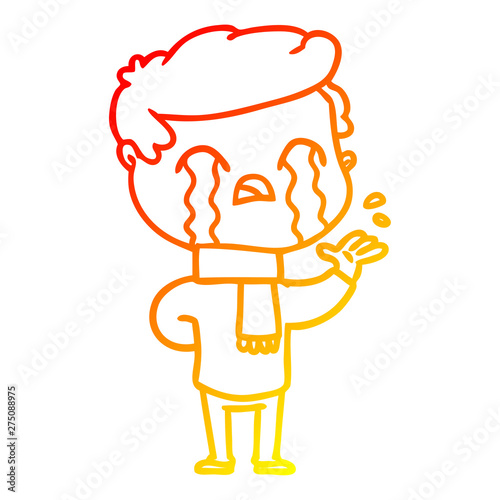 warm gradient line drawing cartoon man crying wearing winter scarf