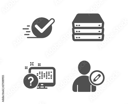 Set of Online quiz, Servers and Checkbox icons. Edit user sign. Web support, Big data, Approved. Profile data.  Classic design online quiz icon. Flat design. Vector