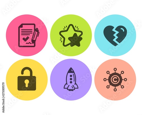 Star, Break up and Rocket icons simple set. Lock, Approved agreement and Copywriting network signs. Customer feedback, Divorce. Flat star icon. Circle button. Vector