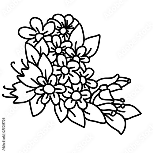 Black and white bouquet flowers and leaves. Doodle floral illustration. Vector illustration.