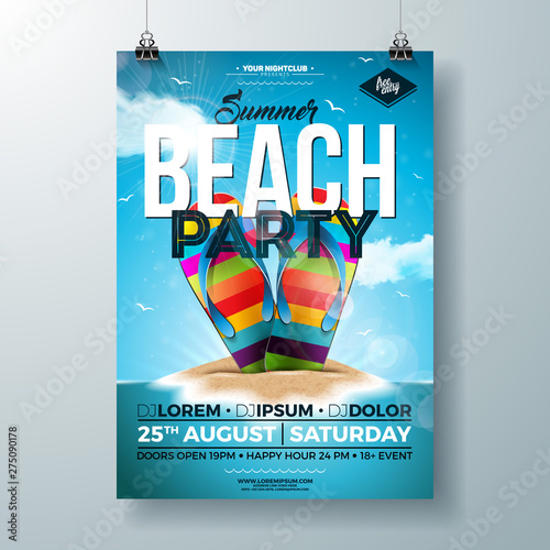 Vector Summer Party Flyer Design with Colorful Flip-Flop and Tropical Island on Ocean Blue Background. Summer Holiday Celebration Design template with Typography Letter for Banner, Flyer, Invitation