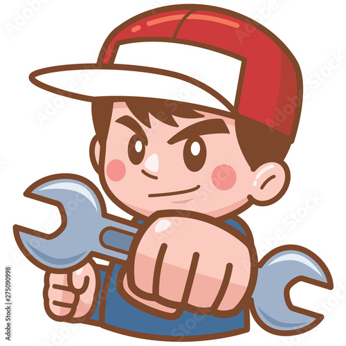 Vector illustration of Cartoon Mechanic holding a huge wrench