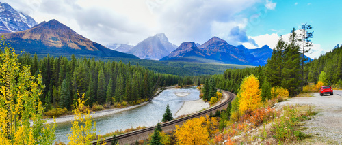 Panorama view Morant's Curve railway in Canadian rockies in autumn ,Banff National Park, Canada photo