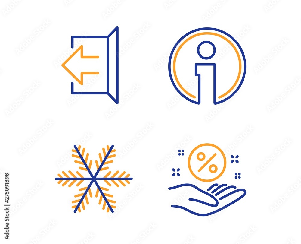 Snowflake, Info and Sign out icons simple set. Loan percent sign. Air conditioning, Information, Logout. Discount hand. Technology set. Linear snowflake icon. Colorful design set. Vector Snowflake, Info and Sign out icons simple set. Loan percent sign. Air conditioning, Information, Logout. Discount hand. Technology set. Linear snowflake icon. Colorful design set. Vector