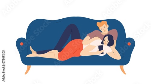 Lovely boy and girl lying on cozy couch and surfing internet o smartphone. Cute couple on comfy sofa. Young man and woman relaxing together at home in evening. Flat cartoon vector illustration.