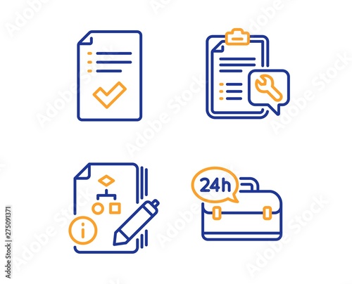 Approved checklist, Spanner and Algorithm icons simple set. 24h service sign. Accepted message, Repair service, Project. Support. Technology set. Linear approved checklist icon. Colorful design set