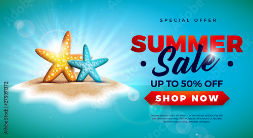 Summer Sale Design with Starfish on Tropical Island Background. Vector Special Offer Illustration with Blue Ocean Landscape for Coupon, Voucher, Banner, Flyer, Promotional Poster, Invitation or photo