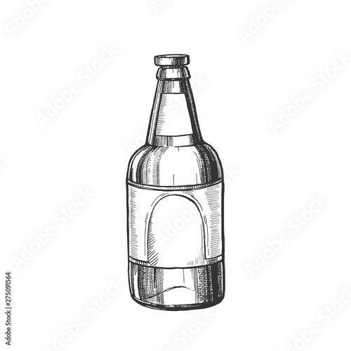 Hand Drawn Classic Glass Bottle Of Beer Vector. Ink Design Sketch Retro Bottle Of Alcoholic Drink Or Mineral Water. Concept Monochrome Package With Blank Label Template Cartoon Illustration