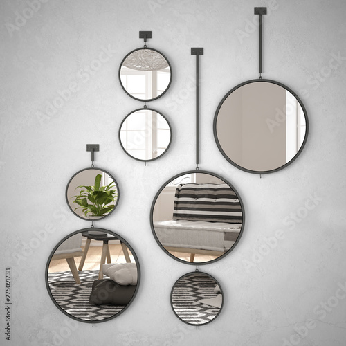 Round mirrors hanging on the wall reflecting interior design scene, minimalist white living, modern architecture concept idea © ArchiVIZ