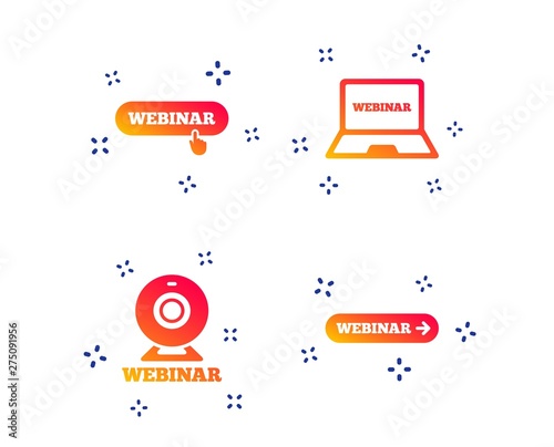 Webinar icons. Web camera and notebook pc signs. Website e-learning or online study symbols. Random dynamic shapes. Gradient webinar icon. Vector