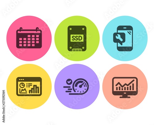 Ssd, Speedometer and Calendar icons simple set. Phone repair, Seo statistics and Statistics signs. Solid-state drive, Time concept. Technology set. Flat ssd icon. Circle button. Vector