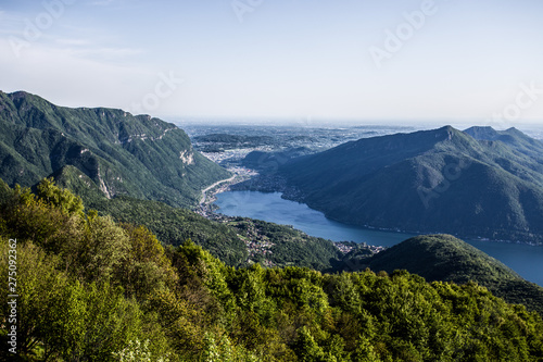 Aerial view of Lugano lake, Switzerland, Europe.