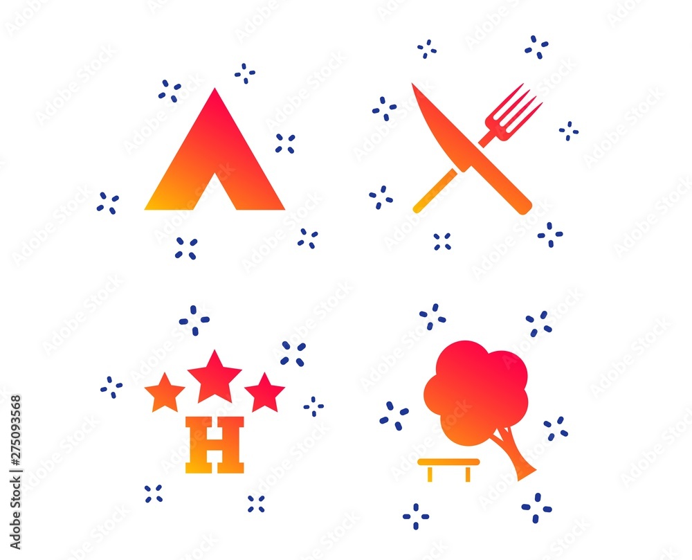 Food, hotel, camping tent and tree icons. Knife and fork. Break down tree. Road signs. Random dynamic shapes. Gradient hotel icon. Vector Food, hotel, camping tent and tree icons. Knife and fork. Break down tree. Road signs. Random dynamic shapes. Gradient hotel icon. Vector