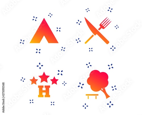 Food, hotel, camping tent and tree icons. Knife and fork. Break down tree. Road signs. Random dynamic shapes. Gradient hotel icon. Vector
