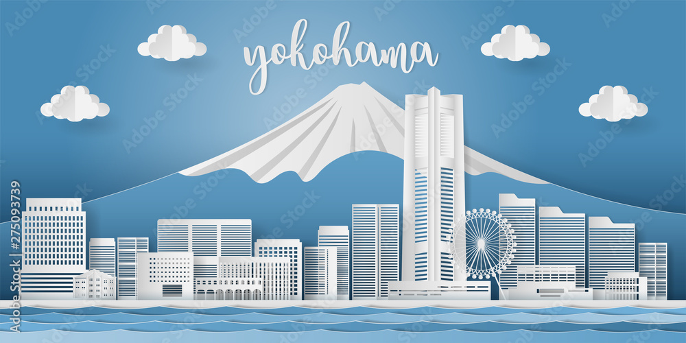 Japan landmark travel banner, presentation with yokohama modern architecture city skyline, Business and tourism concept. Paper cut stlye