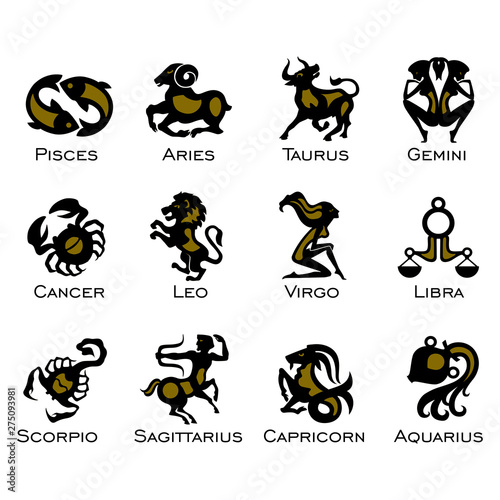 Set of twelve signs of the zodiac. Prediction of the future. Vector illustration. Isolated on white background