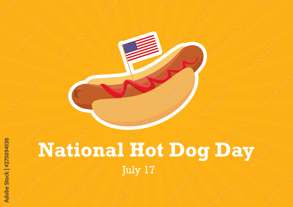 National Hot Dog Day vector. Hot Dog with ketchup cartoon. American hotdog sandwich vector. Hot
