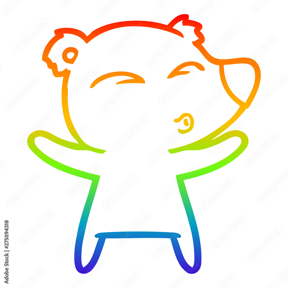 Obraz premium rainbow gradient line drawing cartoon whistling bear with open arms